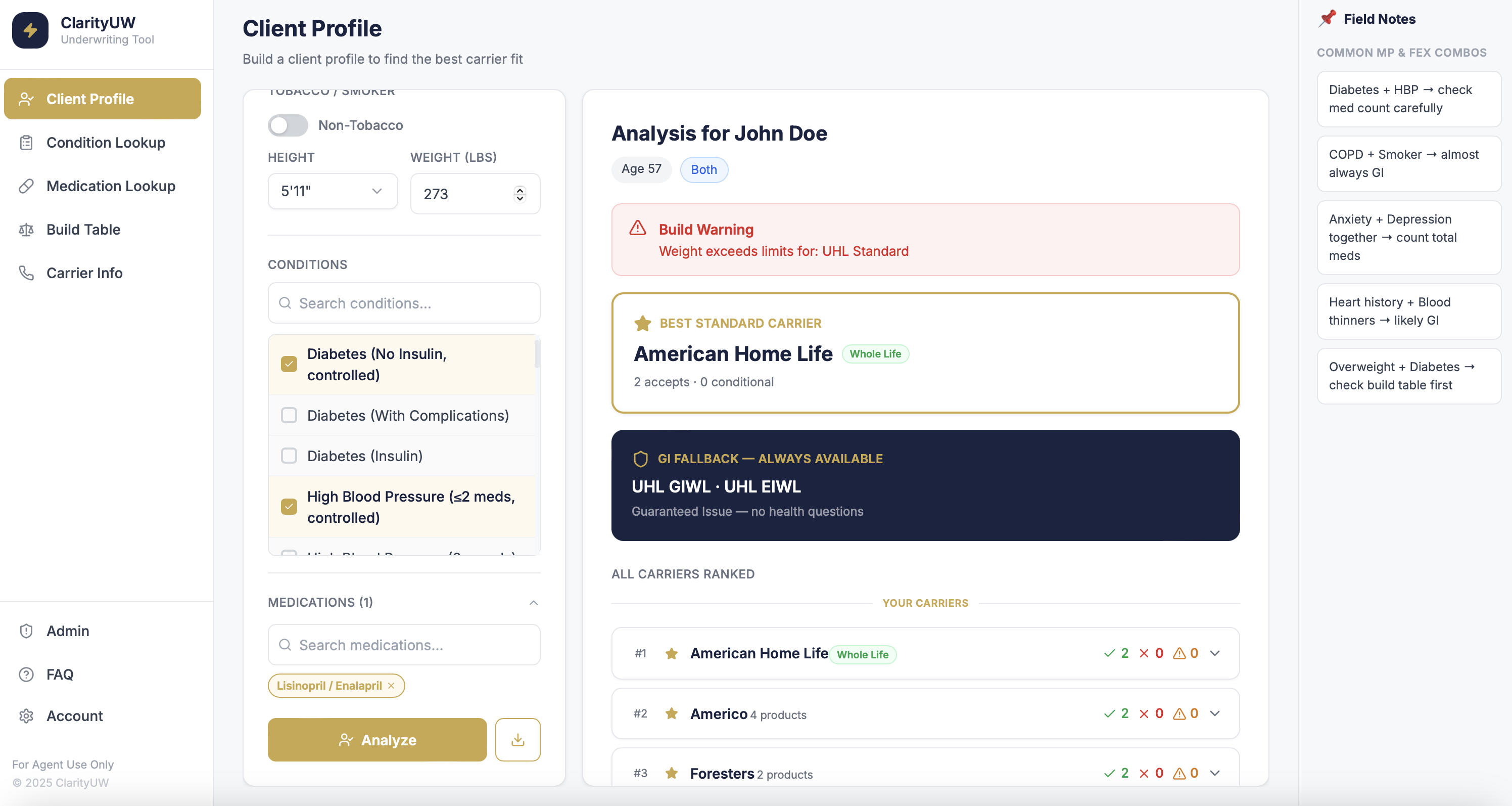 ClarityUW client profile analysis showing ranked carrier matches with Field Notes panel
